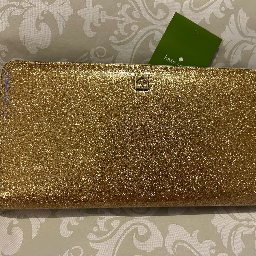 KATE SPADE Mavis Street Neda Continental Gold Sparkle Leather Zip Wallet